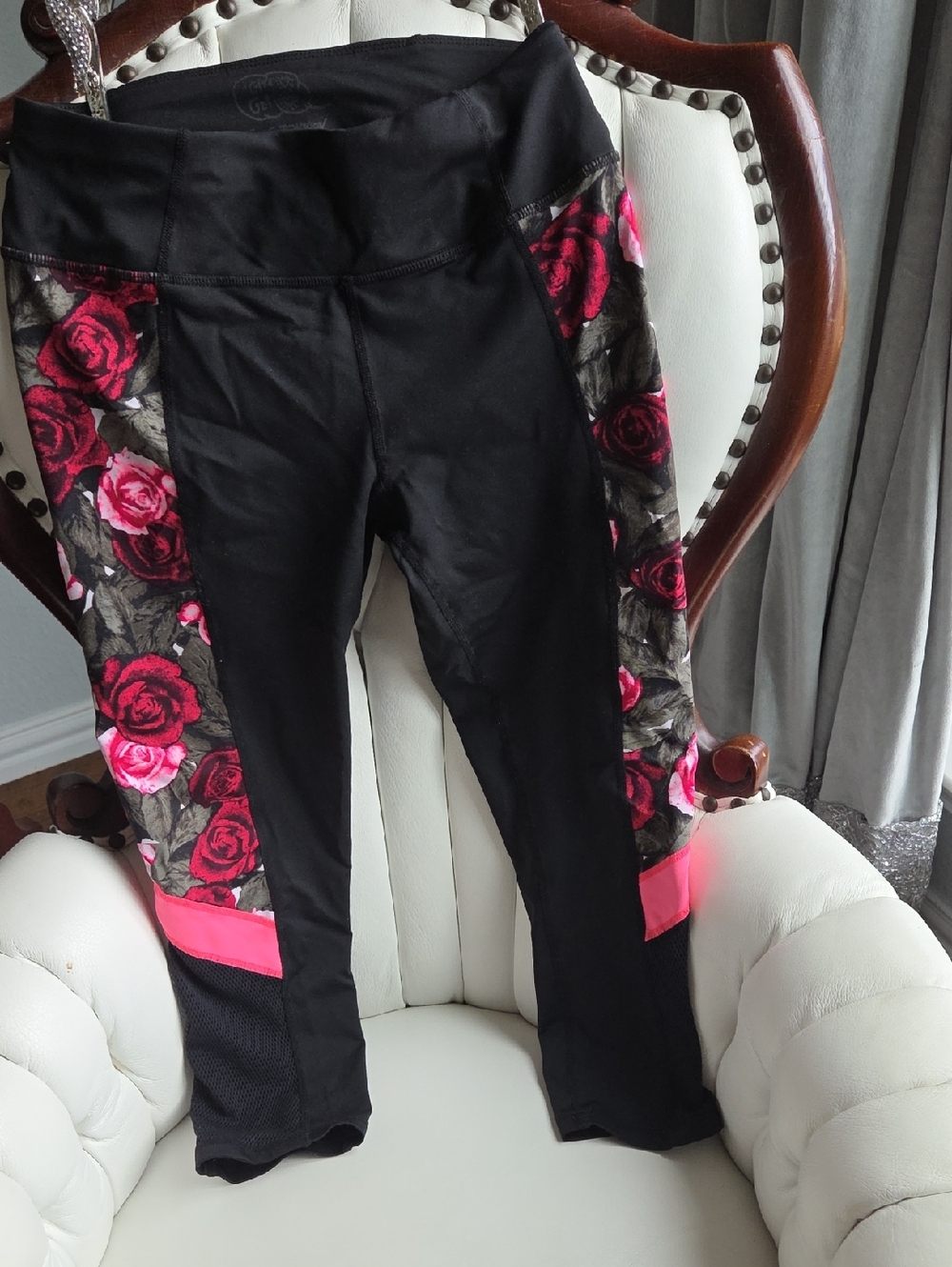 Betsey Johnson Women’s Black Leggings with Pink Rose Side Panels